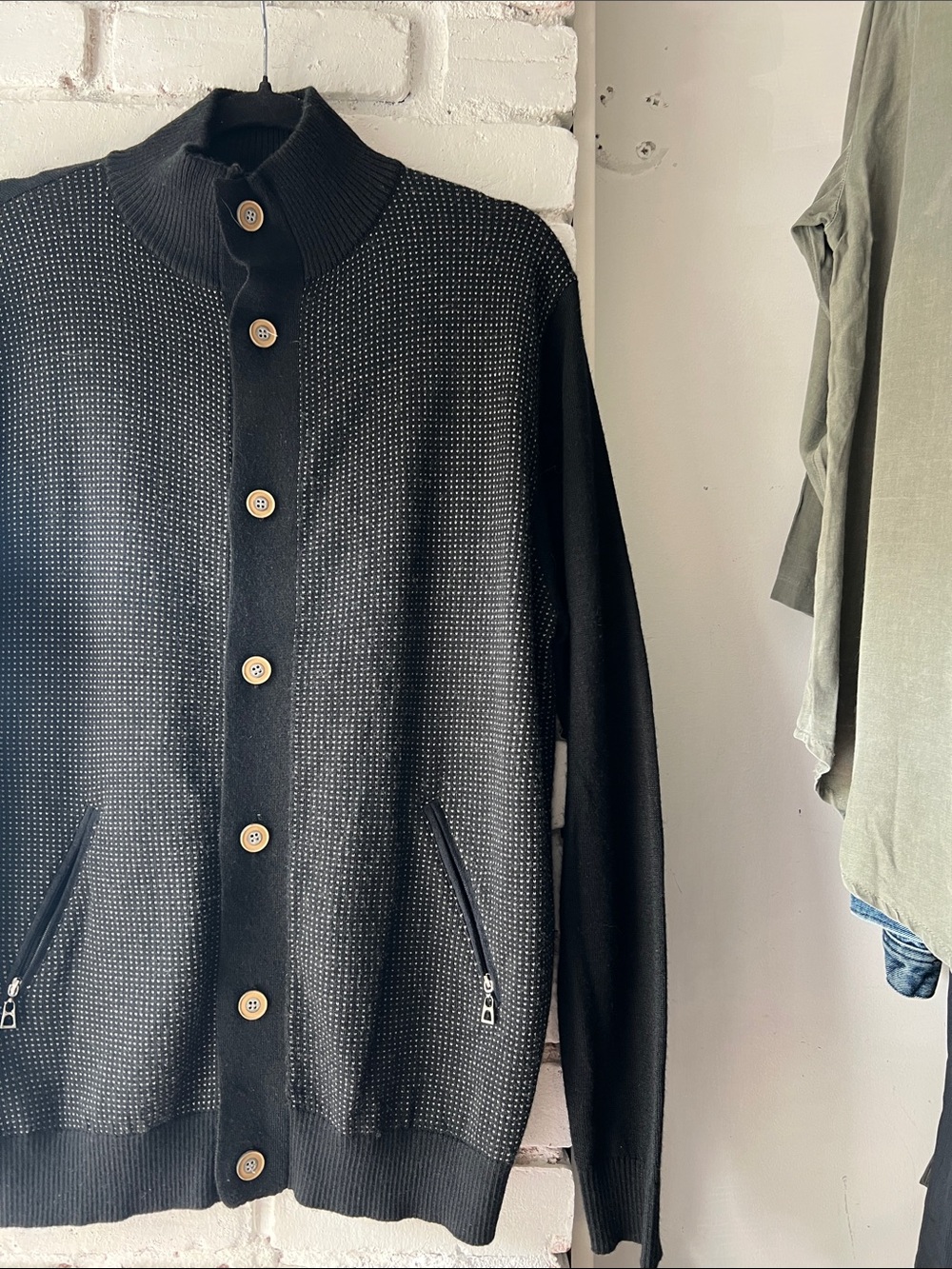 50% merino wool Black Button-Up Knit Cardigan with Zipper Pockets and mockneck - Picture 3 of 7